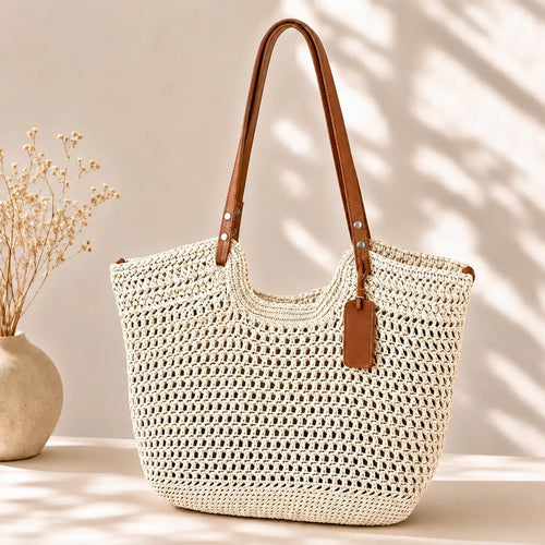 Wilhelmine - Handgehäkelte geflochtene Shopper-Tasche - Elfenbein