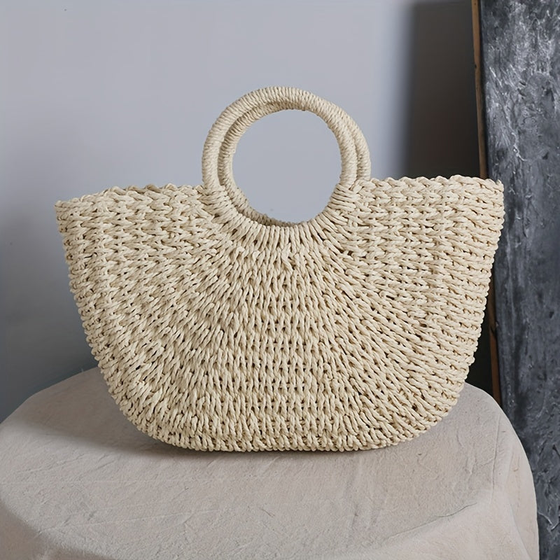 Gertrud - Geflochtene Halbmond-Tasche - Naturbeige