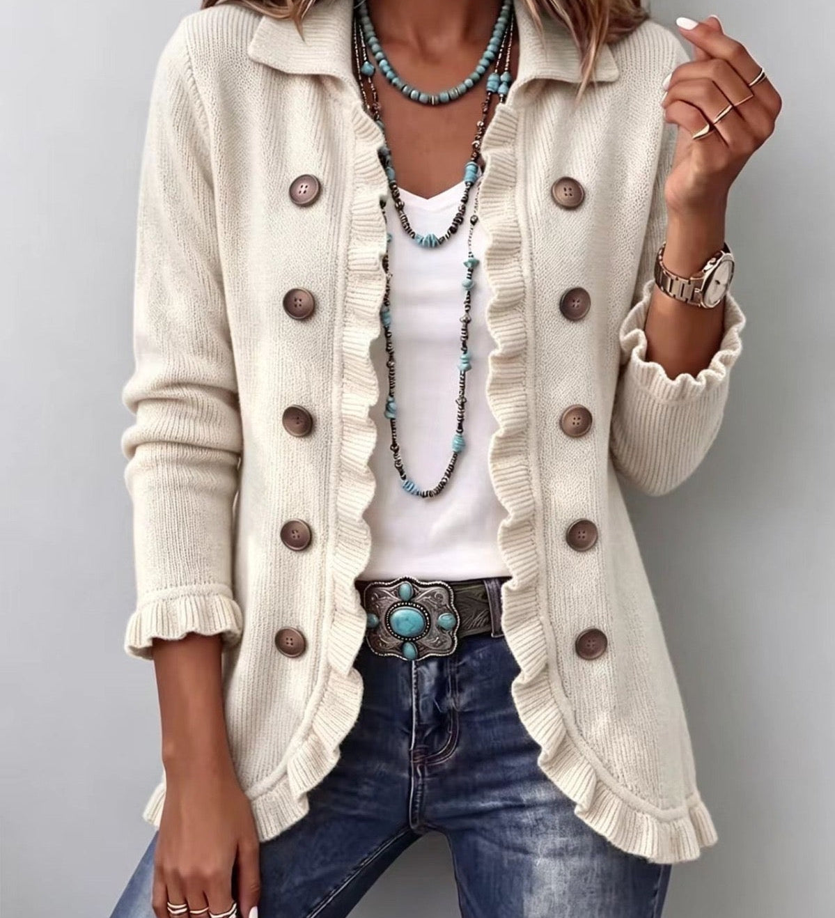 Wiebke - Cremeweiße Strick-Rüschenjacke