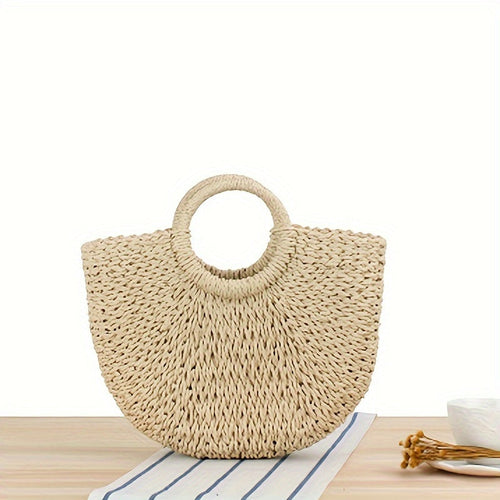 Gertrud - Geflochtene Halbmond-Tasche - Naturbeige