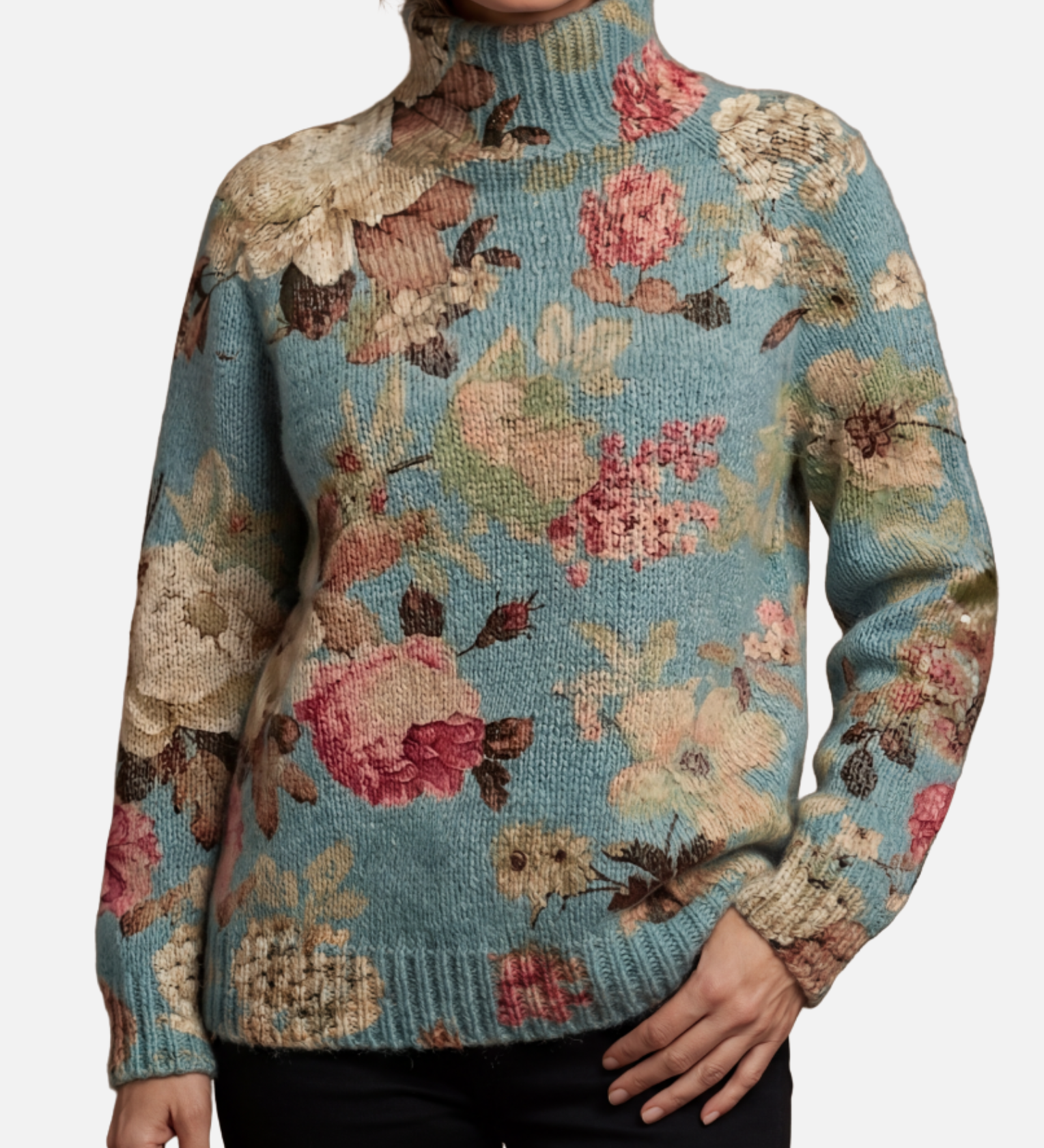 Paula - Blauer Vintage-Blumen-Rollkragenpullover