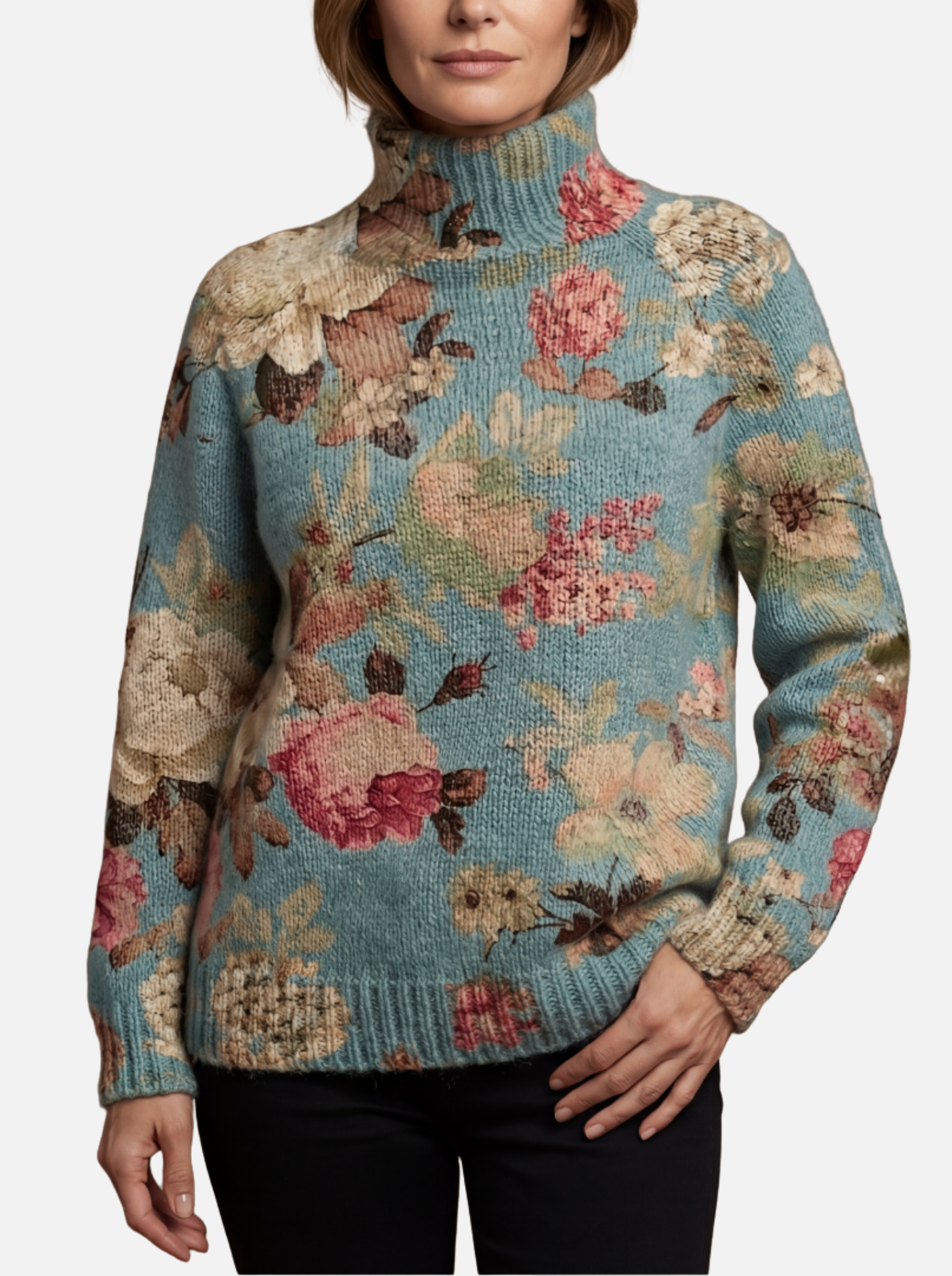 Paula - Blauer Vintage-Blumen-Rollkragenpullover
