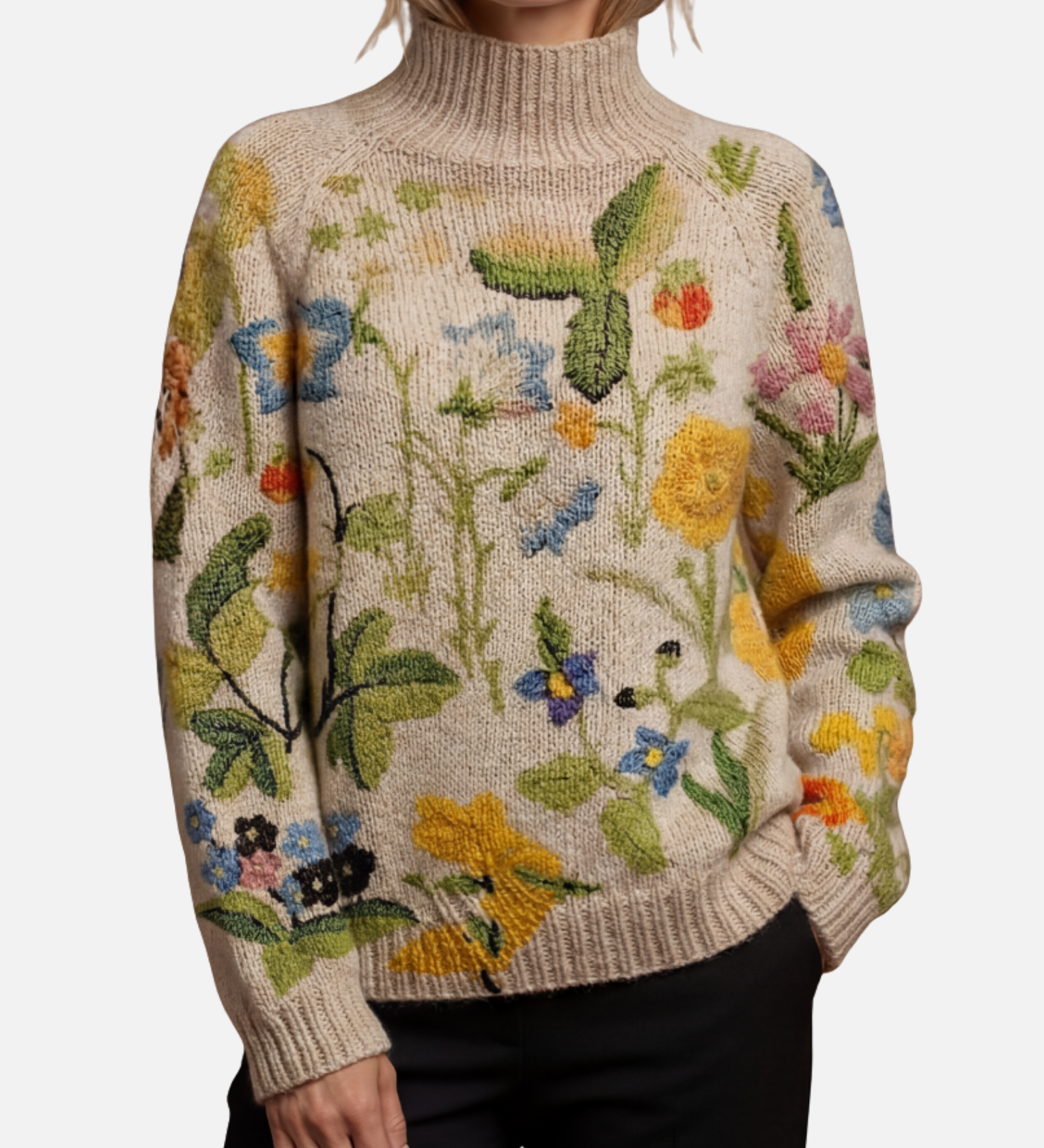 Nina - Gemalter Blumen-Rollkragenpullover