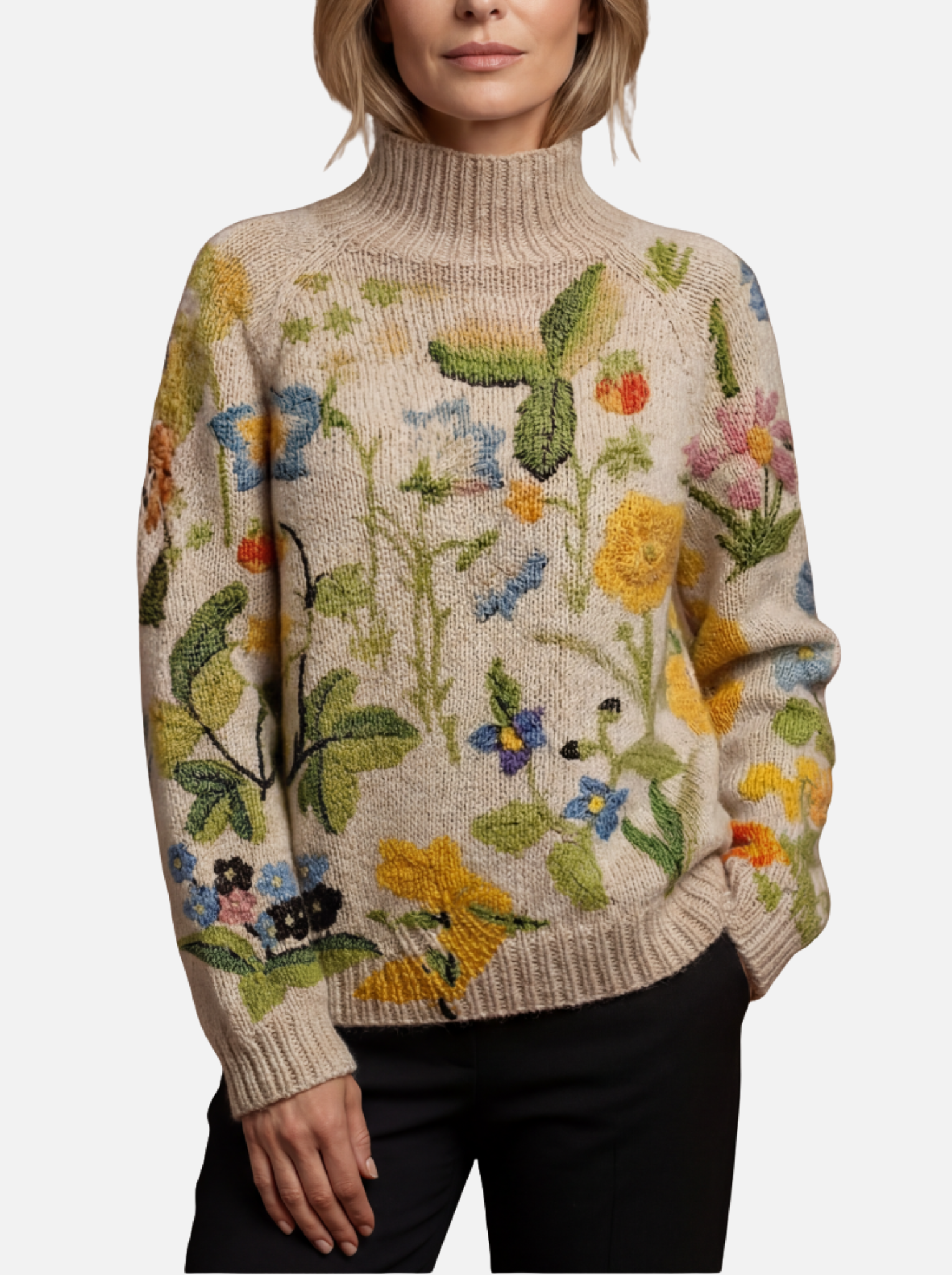Nina - Gemalter Blumen-Rollkragenpullover
