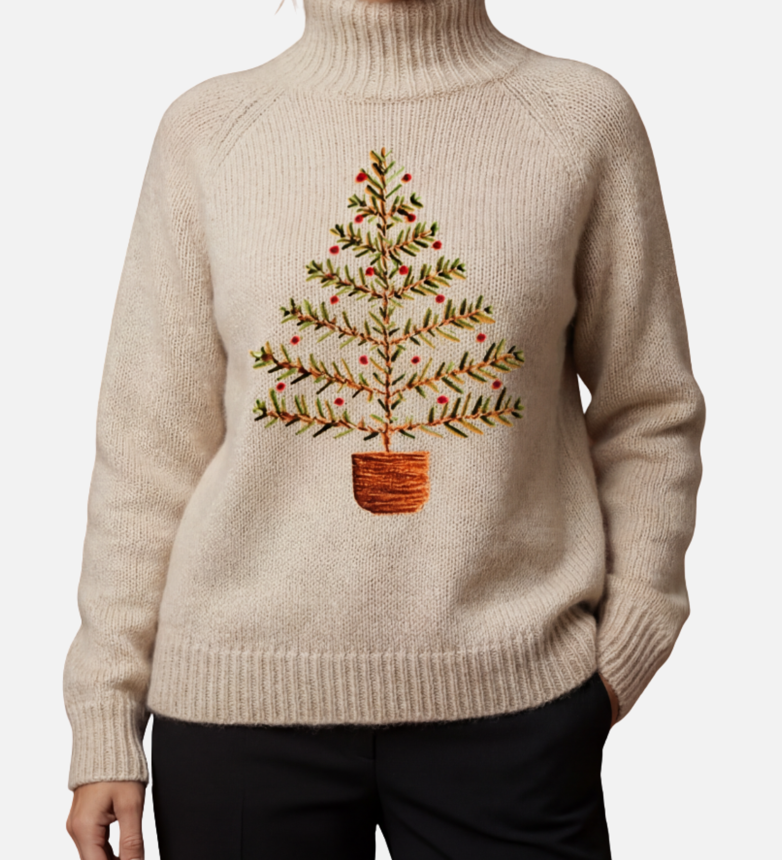 Katharina - Bestickter Bäumchen-Rollkragenpullover