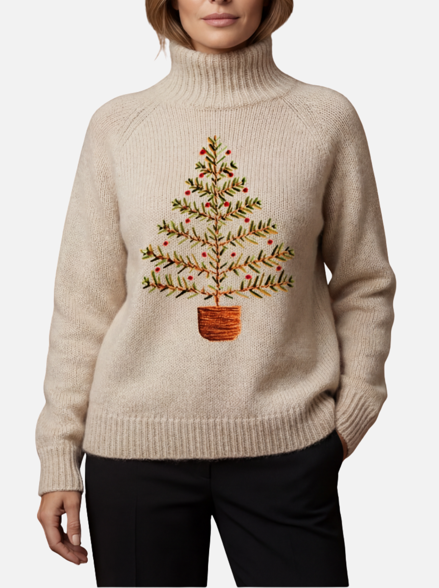 Katharina - Bestickter Bäumchen-Rollkragenpullover
