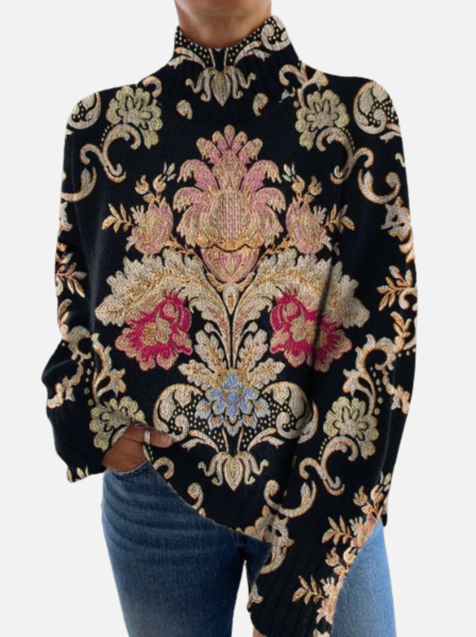 Lena - Ornamentaler Blumen-Rollkragenpullover