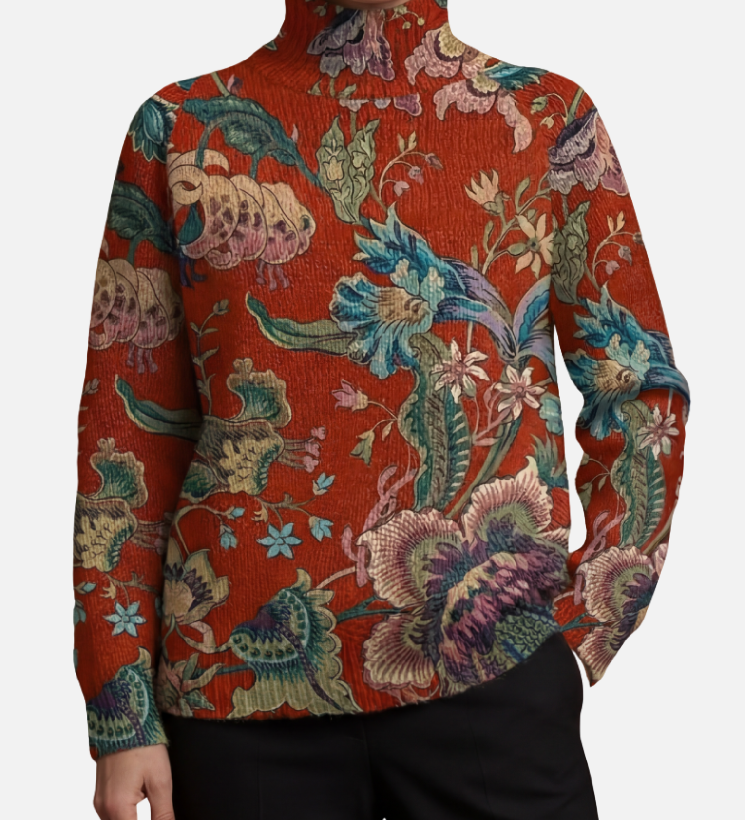 Ida - Terrakotta Blumen-Rollkragenpullover