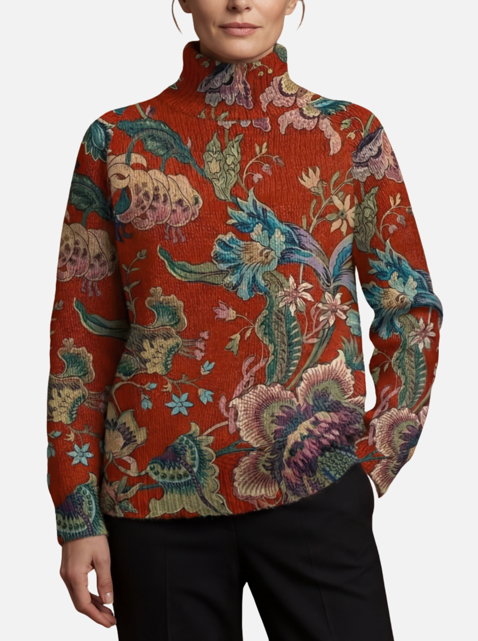 Ida - Terrakotta Blumen-Rollkragenpullover