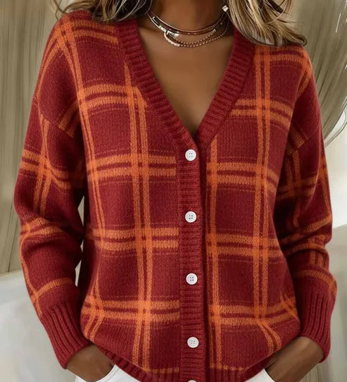 Petra - Karierte Strickjacke in Rot