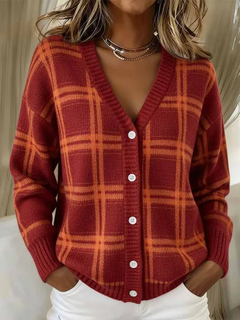 Petra - Karierte Strickjacke in Rot