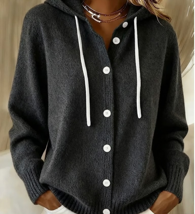 Martina - Kapuzen-Strickjacke mit Knöpfen in Schwarz