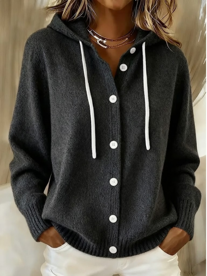 Martina - Kapuzen-Strickjacke mit Knöpfen in Schwarz