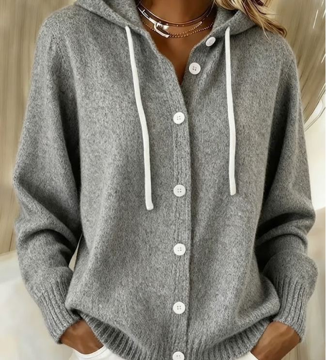 Martina - Kapuzen-Strickjacke mit Knöpfen in Grau