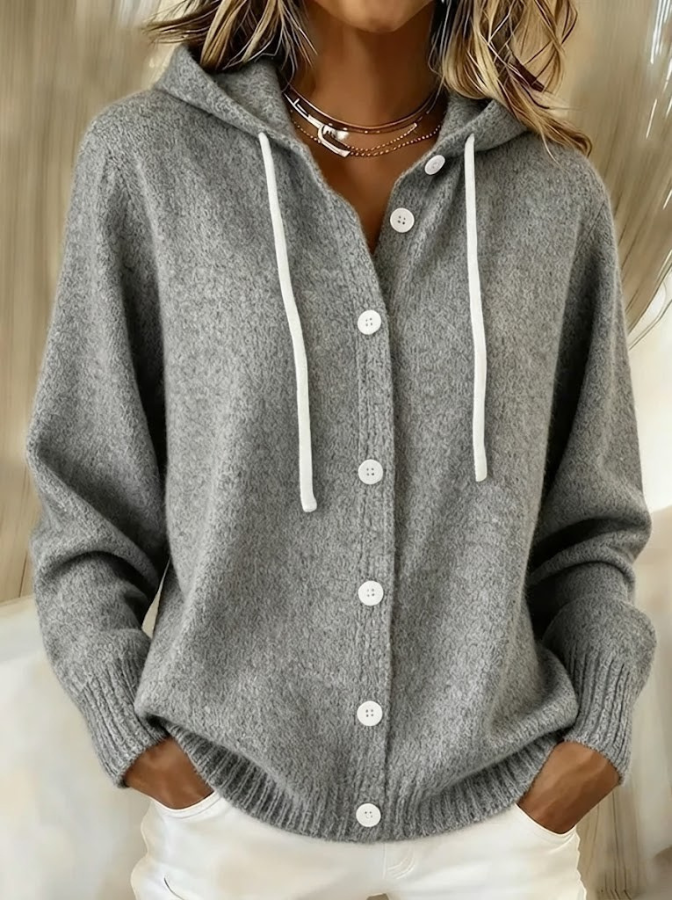 Martina - Kapuzen-Strickjacke mit Knöpfen in Grau