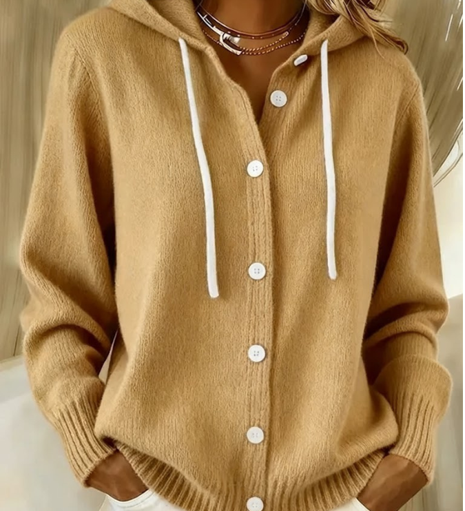 Martina - Kapuzen-Strickjacke mit Knöpfen in Khaki