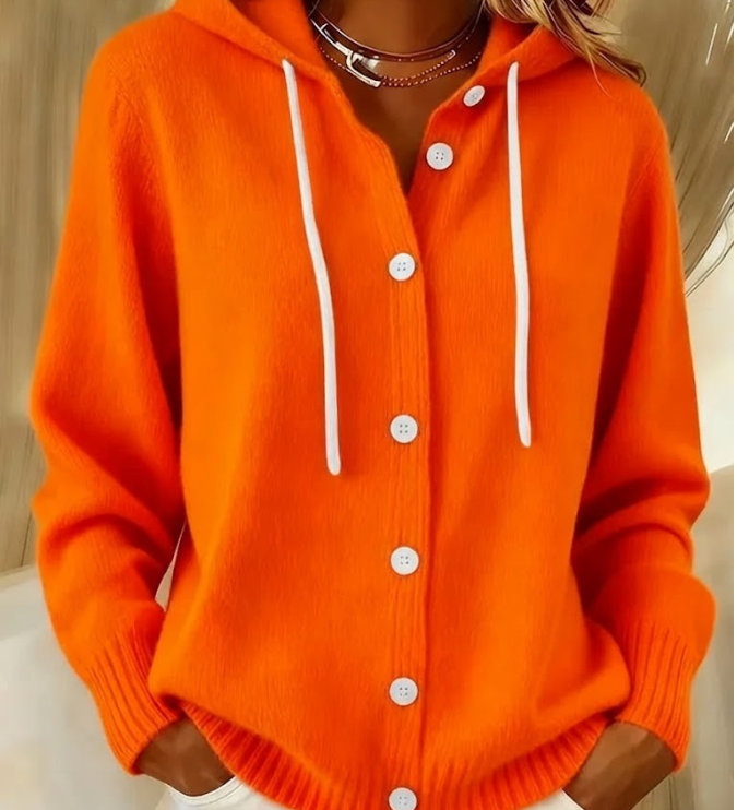 Martina - Kapuzen-Strickjacke mit Knöpfen in Orange