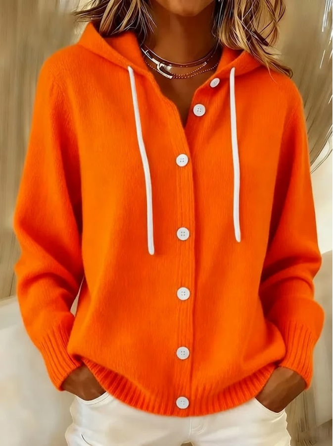 Martina - Kapuzen-Strickjacke mit Knöpfen in Orange