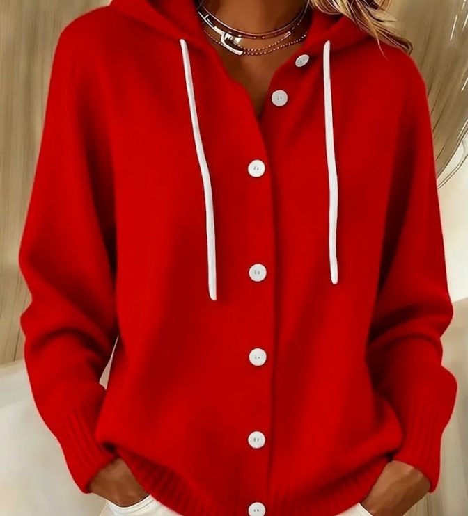 Martina - Kapuzen-Strickjacke mit Knöpfen in Rot