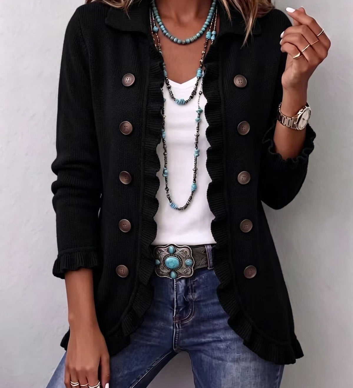 Ingrid - Schwarze Strick-Rüschenjacke