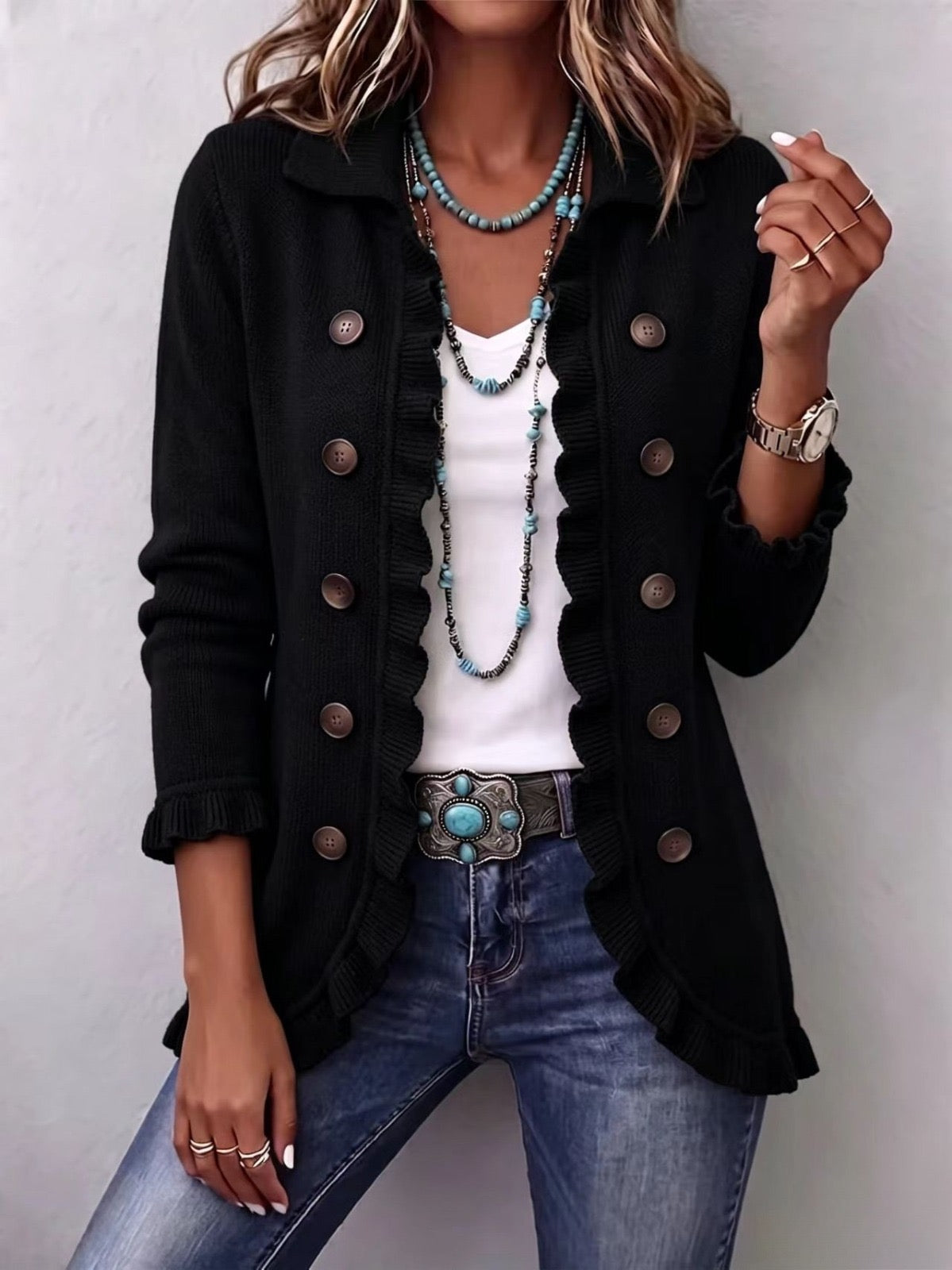 Ingrid - Schwarze Strick-Rüschenjacke