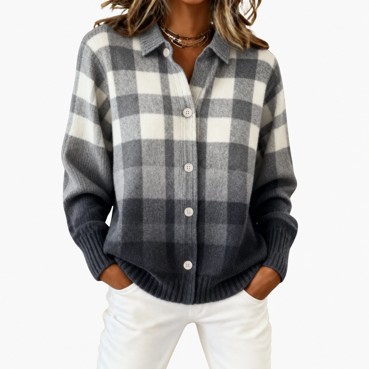 Sieglinde - Graue karierte Strickjacke