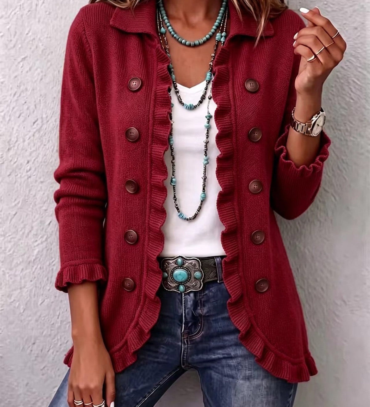 Melina - Rubinrote Strick-Rüschenjacke