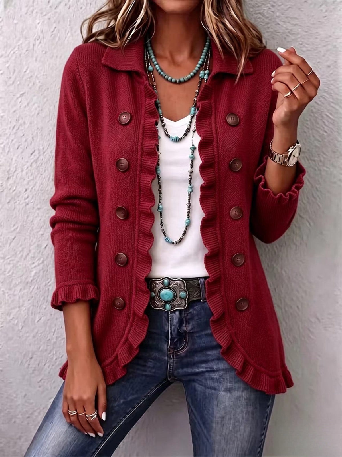 Melina - Rubinrote Strick-Rüschenjacke