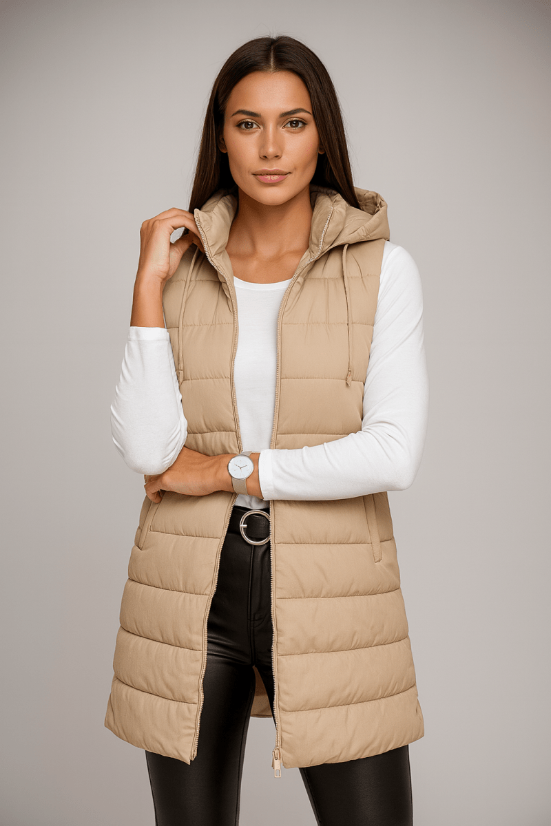 Sonja - Lange Steppweste mit Kapuze - Beige
