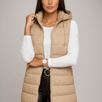 Sonja - Lange Steppweste mit Kapuze - Beige