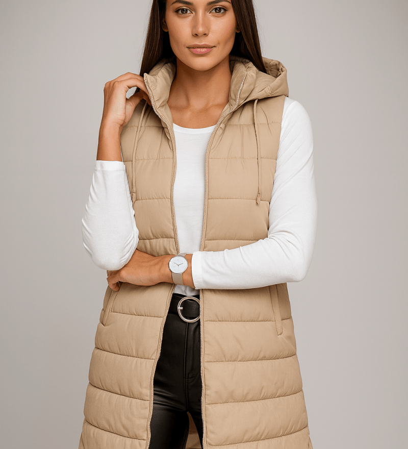 Sonja - Lange Steppweste mit Kapuze - Beige