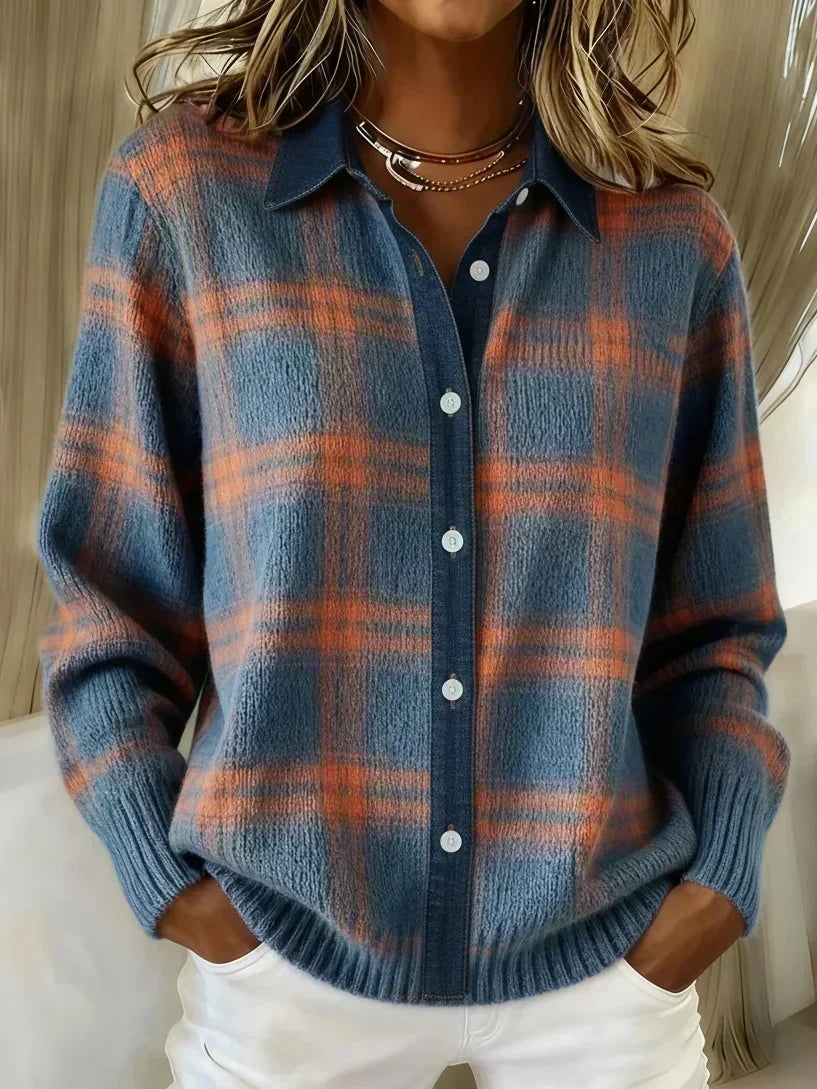 Antje - Weiche karierte Strickjacke - Blau