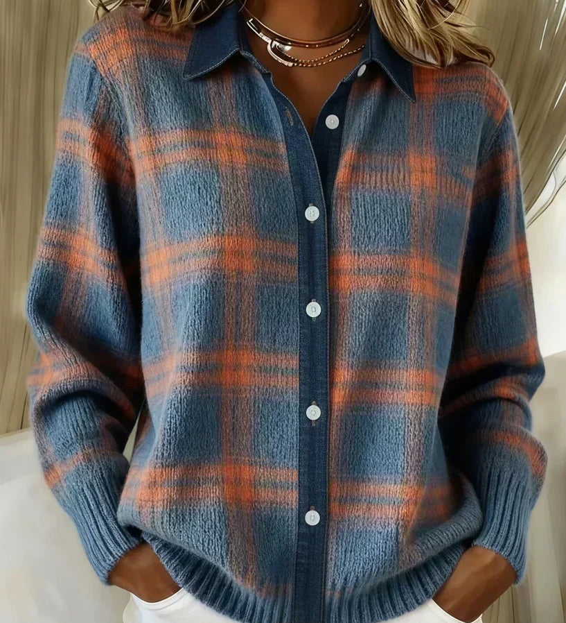 Antje - Weiche karierte Strickjacke - Blau