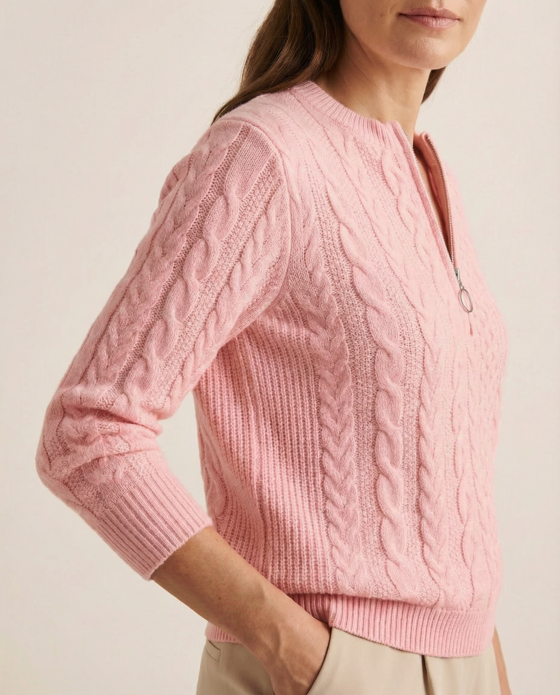 Maren - Zopfstrick-Pullover mit Zip in Altrosa