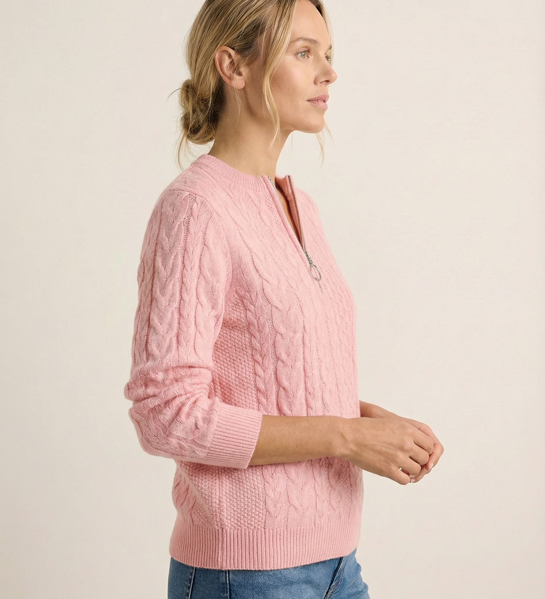 Maren - Zopfstrick-Pullover mit Zip in Altrosa