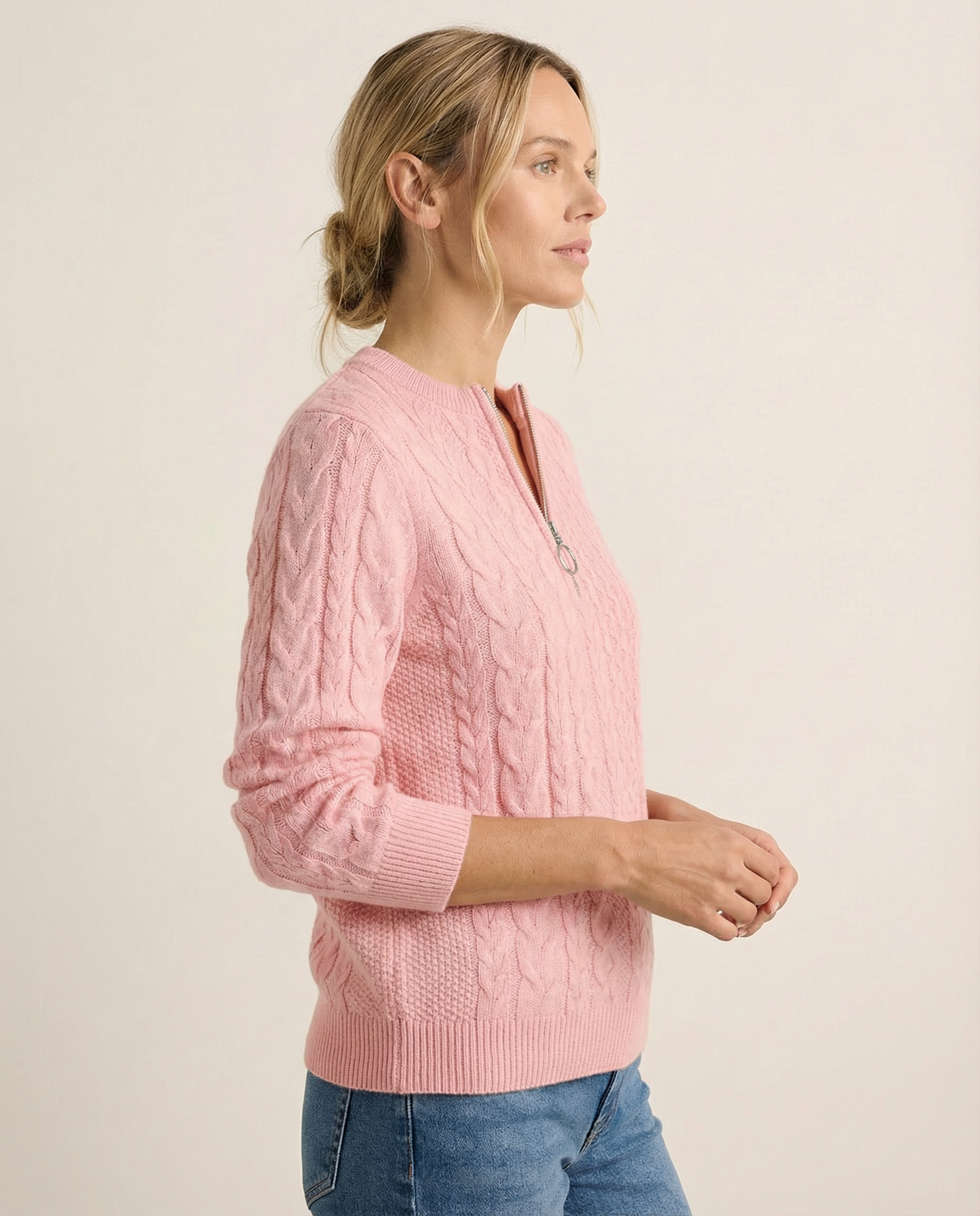 Maren - Zopfstrick-Pullover mit Zip in Altrosa