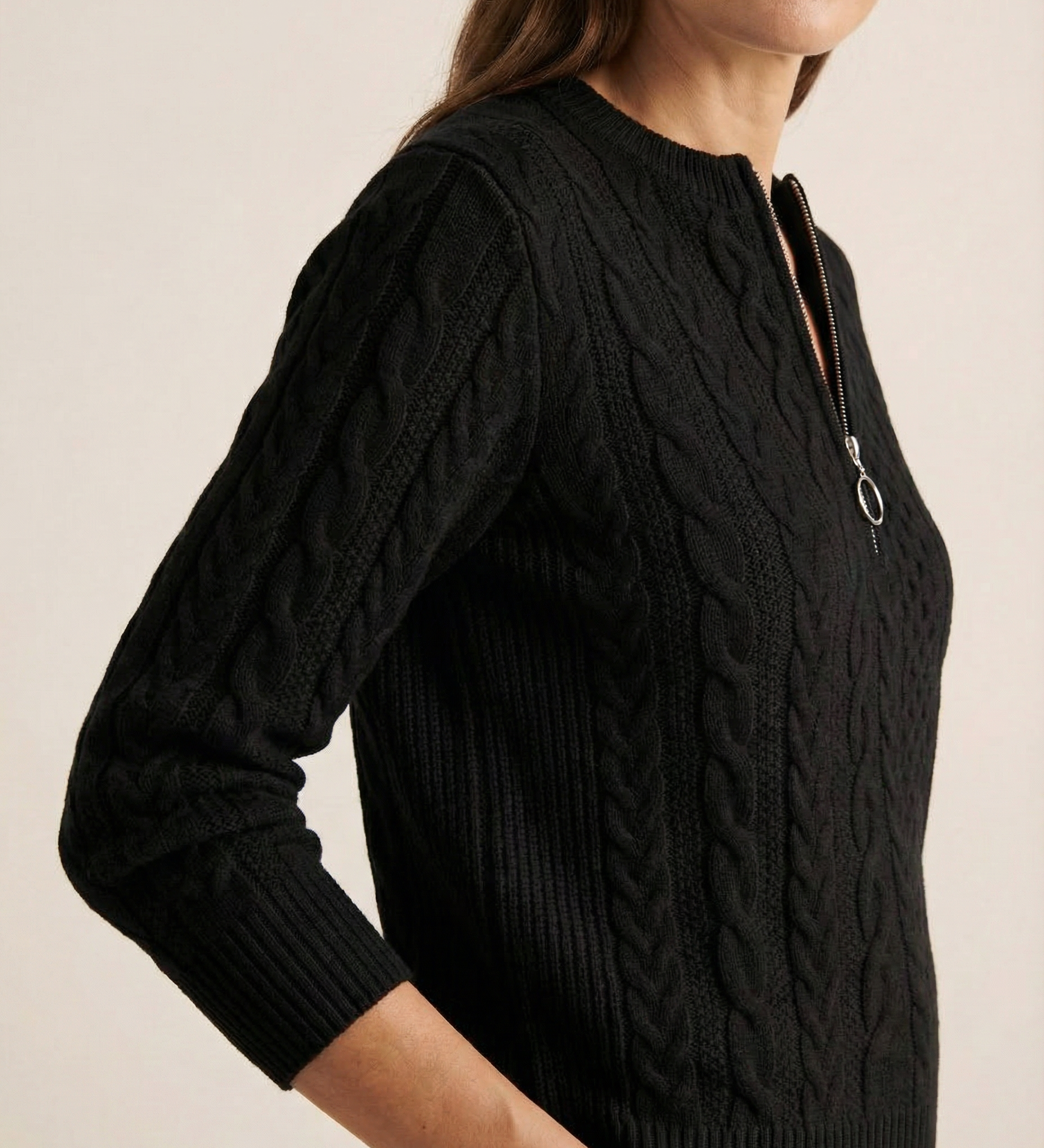 Franziska - Zopfstrick-Pullover mit Zip in Anthrazit