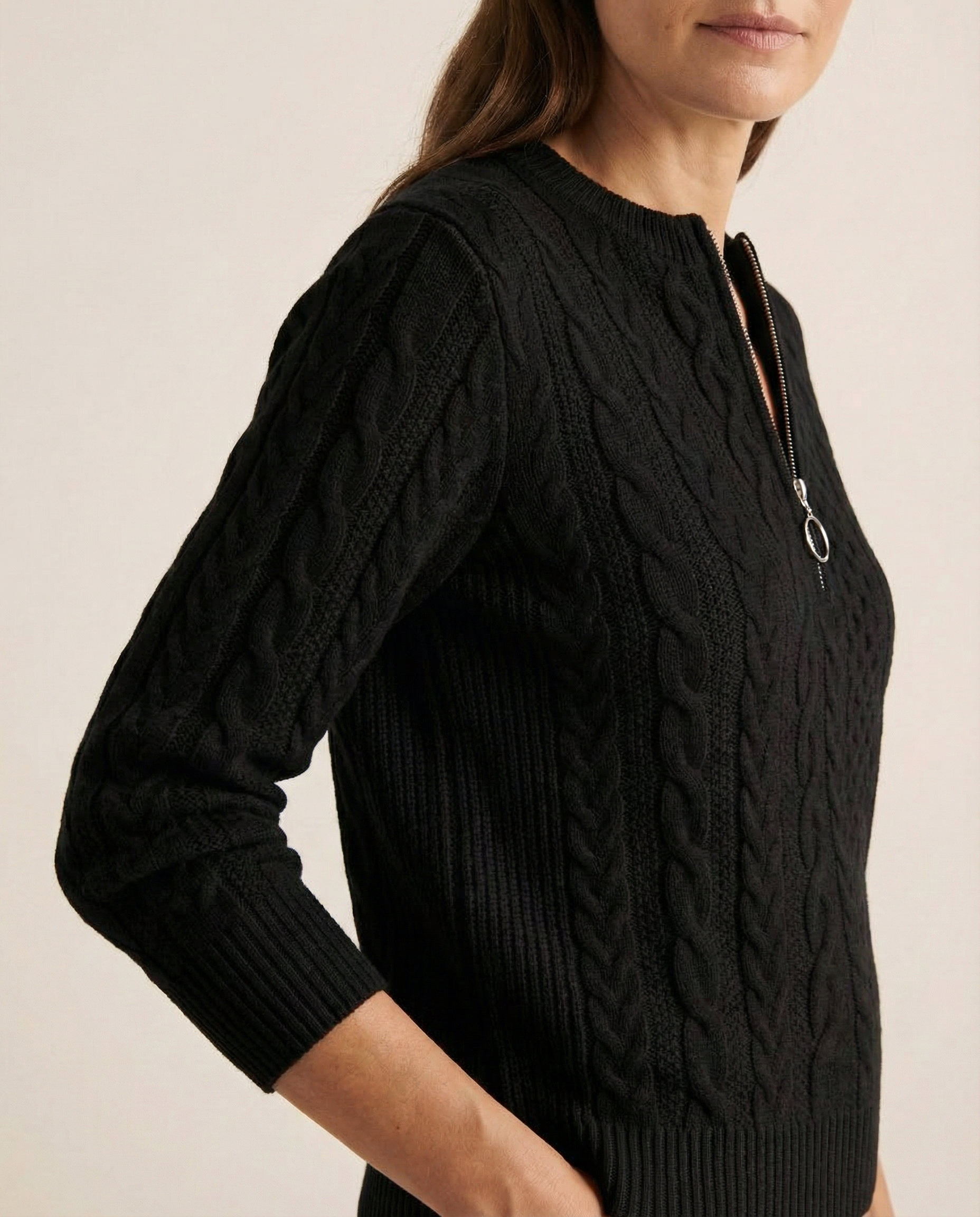 Franziska - Zopfstrick-Pullover mit Zip in Anthrazit