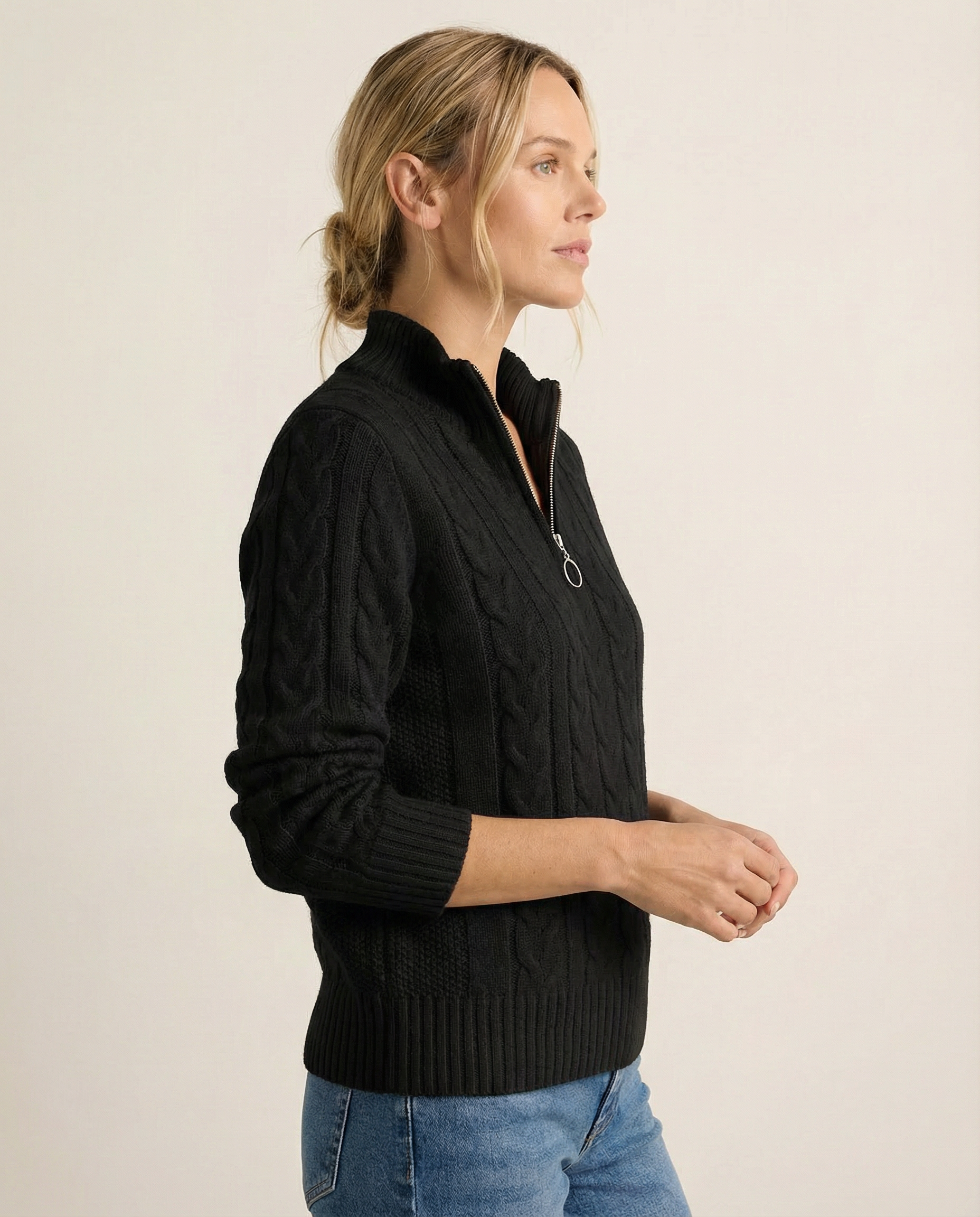 Franziska - Zopfstrick-Pullover mit Zip in Anthrazit