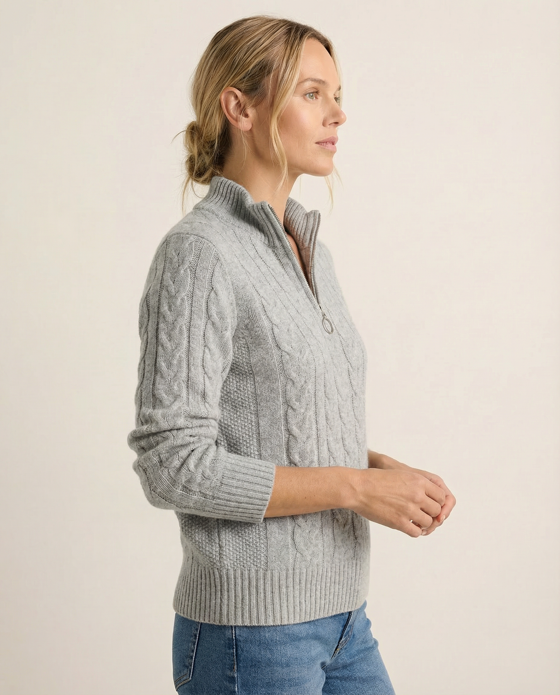 Johanna - Zopfstrick-Pullover mit Zip in Hellgrau