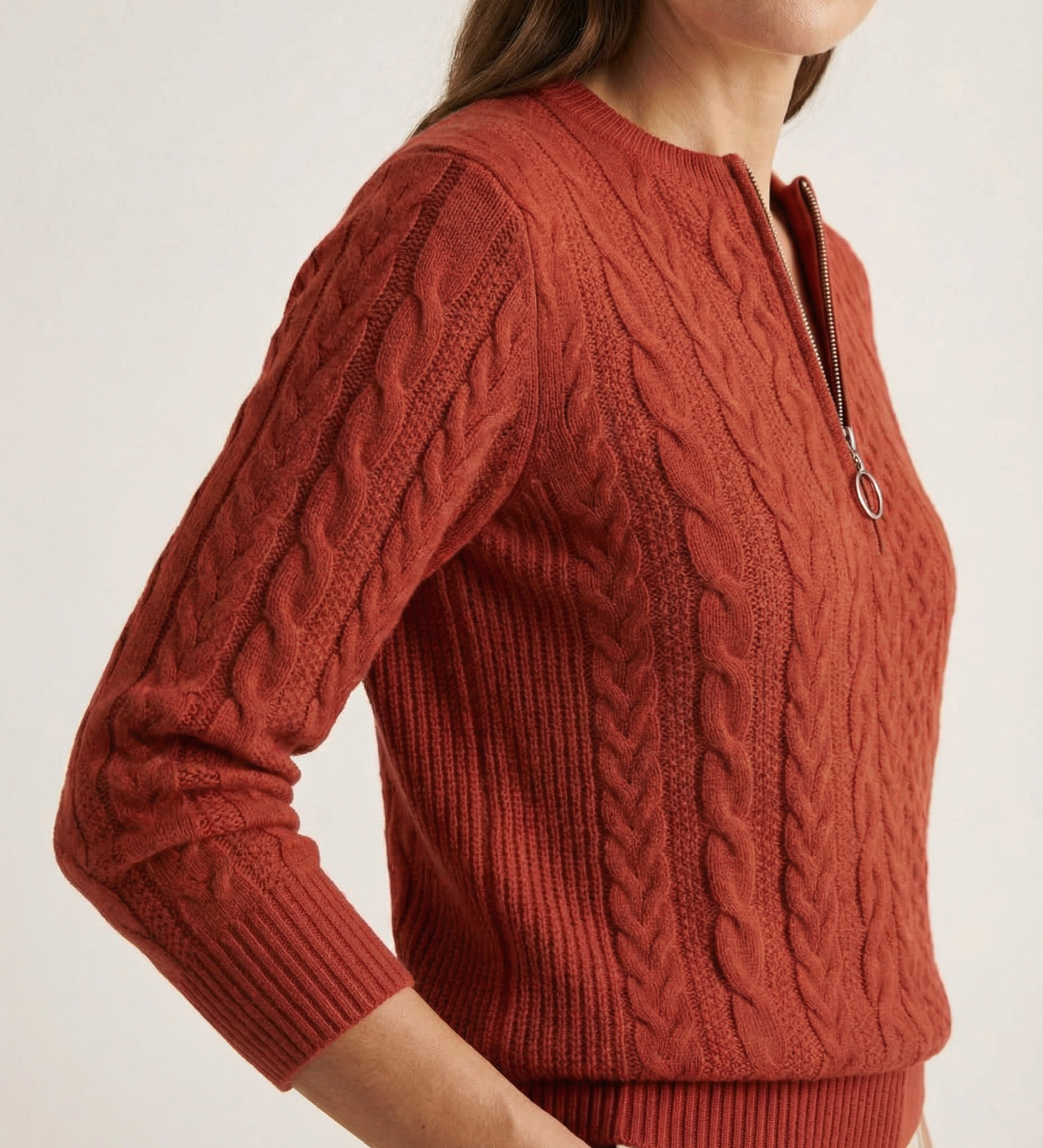 Cornelia - Zopfstrick-Pullover mit Zip in Rostrot