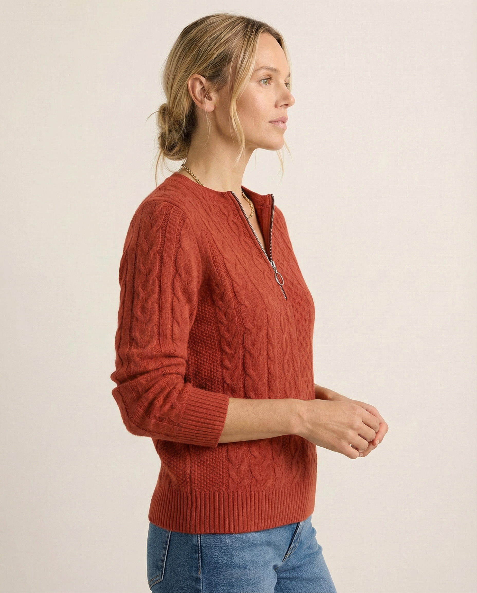 Cornelia - Zopfstrick-Pullover mit Zip in Rostrot