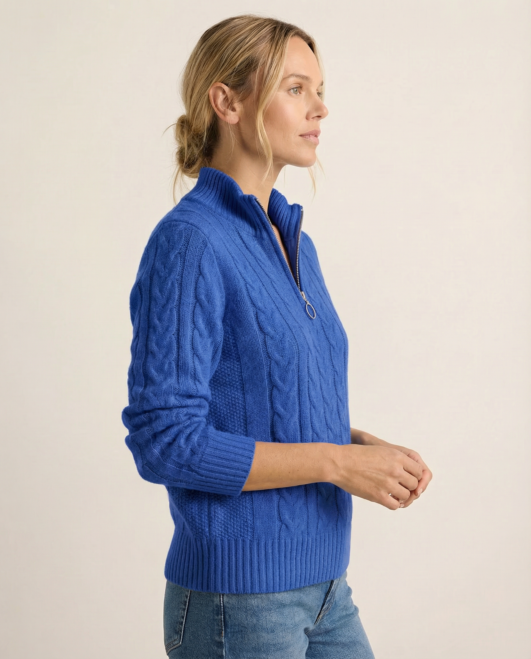 Jasmin - Zopfstrick-Pullover mit Zip in Blau