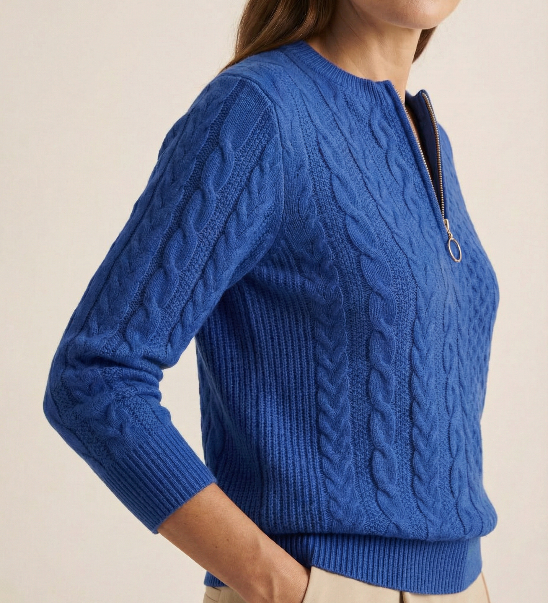 Jasmin - Zopfstrick-Pullover mit Zip in Blau