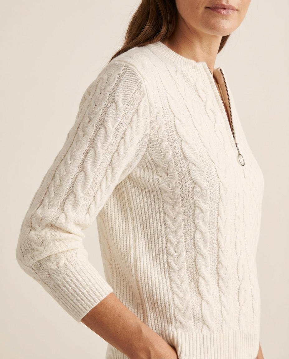 Christine - Zopfstrick-Pullover mit Zip in Creme