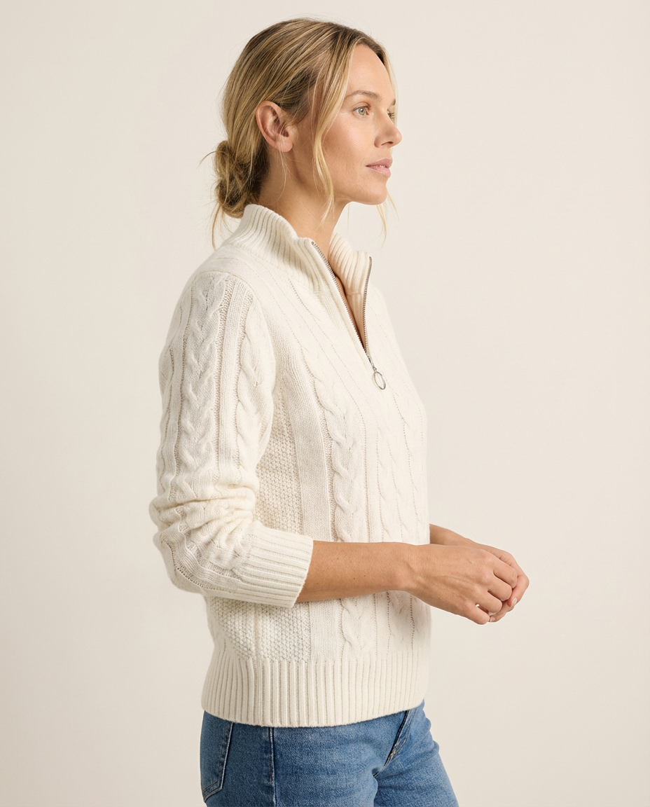 Christine - Zopfstrick-Pullover mit Zip in Creme