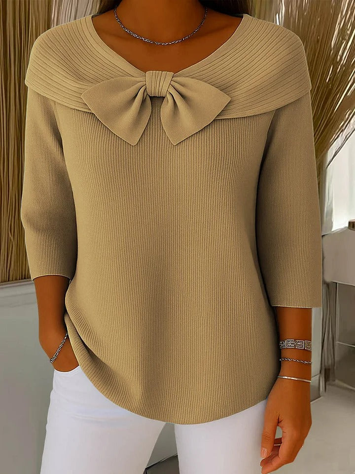 Sandra - Langer Pullover mit Schleifenkragen in Khaki