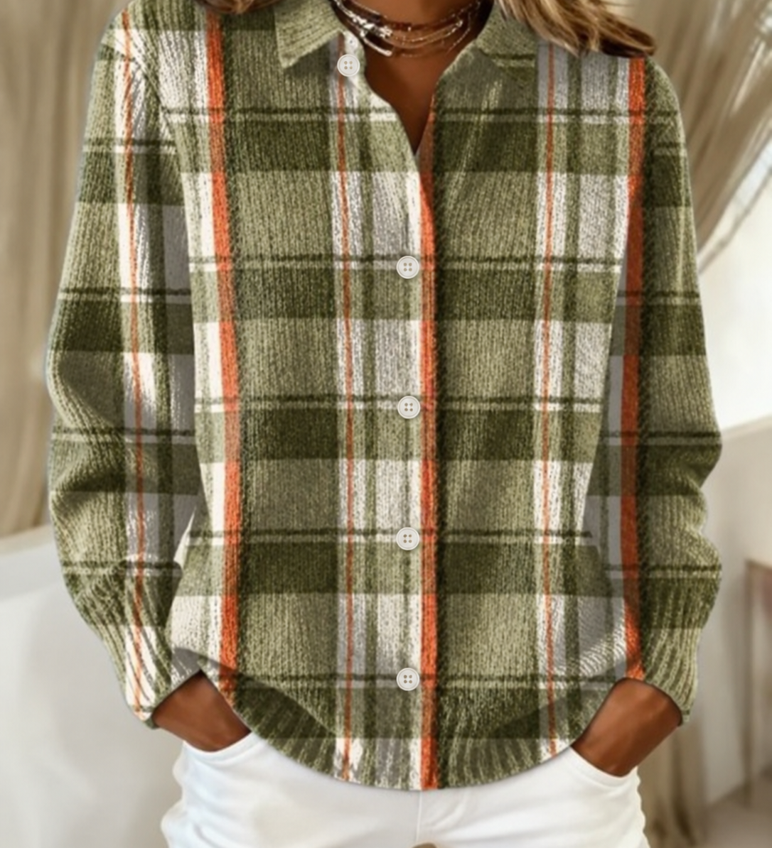 Lena - Karierte Strickjacke in Naturtönen