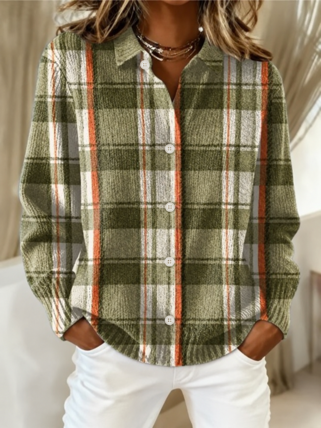 Lena - Karierte Strickjacke in Naturtönen