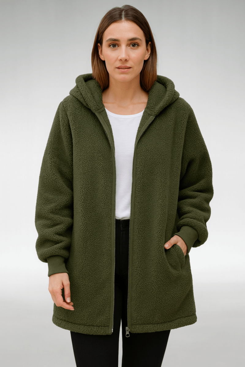 Kerstin - Kuscheliger Teddymantel - Armeegrün